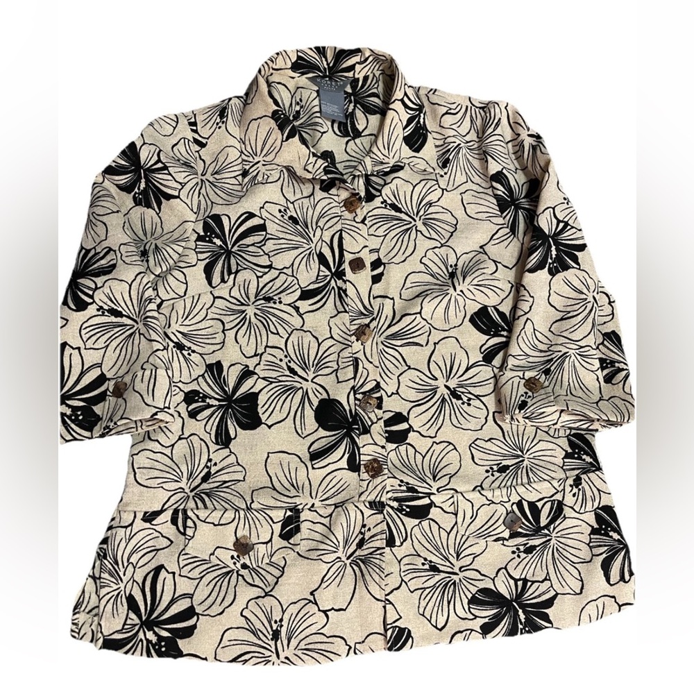 Koret‎ petites ladies 16P beige black tropical floral 5 button tunic top Y2K